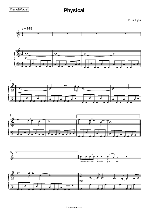 Physical - Dua Lipa Piano Sheet Music with the Voice part - Piano&Vocal