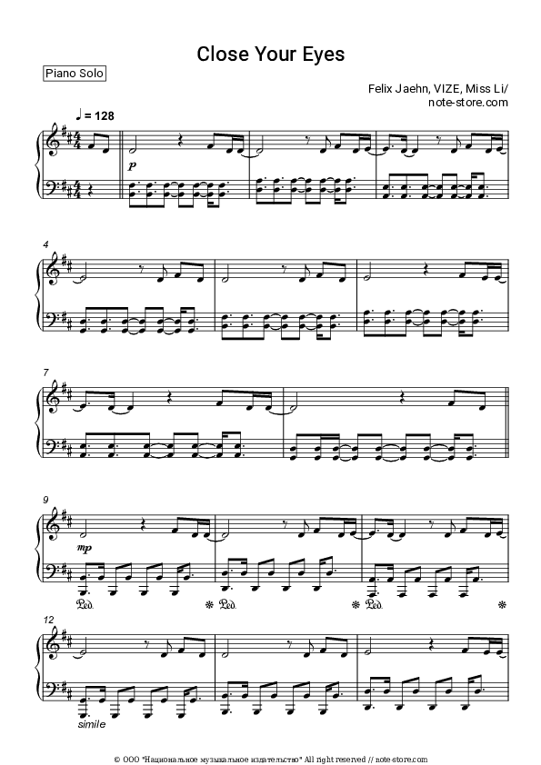 Close Your Eyes - Felix Jaehn, VIZE, Miss Li Piano Sheet Music - Piano.Solo