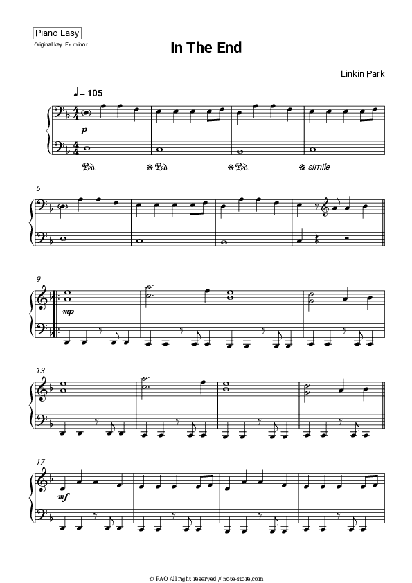 In The End - Linkin Park Piano Sheet Music Easy - Piano.Easy