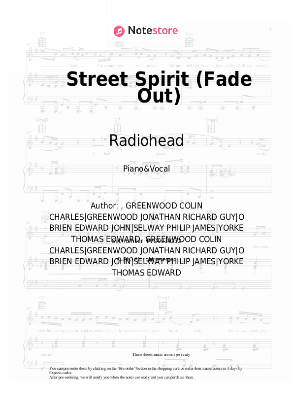Street Spirit (Fade Out) - Radiohead Piano Sheet Music with the Voice part - Piano&Vocal