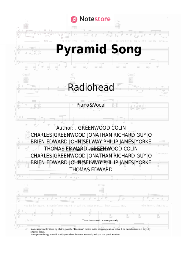 Pyramid Song - Radiohead Piano Sheet Music with the Voice part - Piano&Vocal
