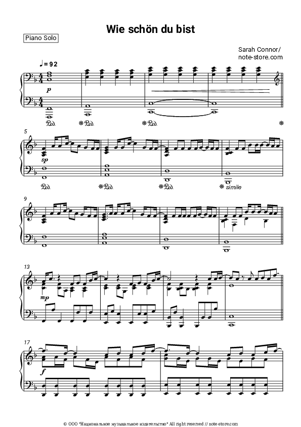 Wie schon du bist - Sarah Connor Piano Sheet Music - Piano.Solo