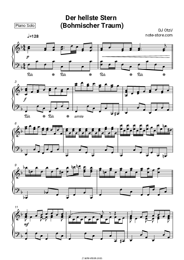 Der hellste Stern (Bohmischer Traum) - DJ Ötzi Piano Sheet Music - Piano.Solo