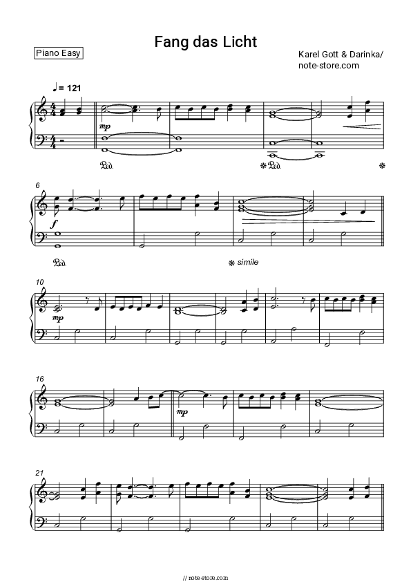 Fang das Licht - Karel Gott, Darinka Piano Sheet Music Easy - Piano.Easy