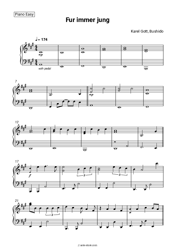 Fur immer jung - Karel Gott, Bushido Piano Sheet Music Easy - Piano.Easy
