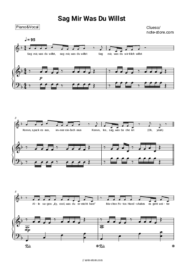 Sag Mir Was Du Willst - Clueso Piano Sheet Music with the Voice part - Piano&Vocal