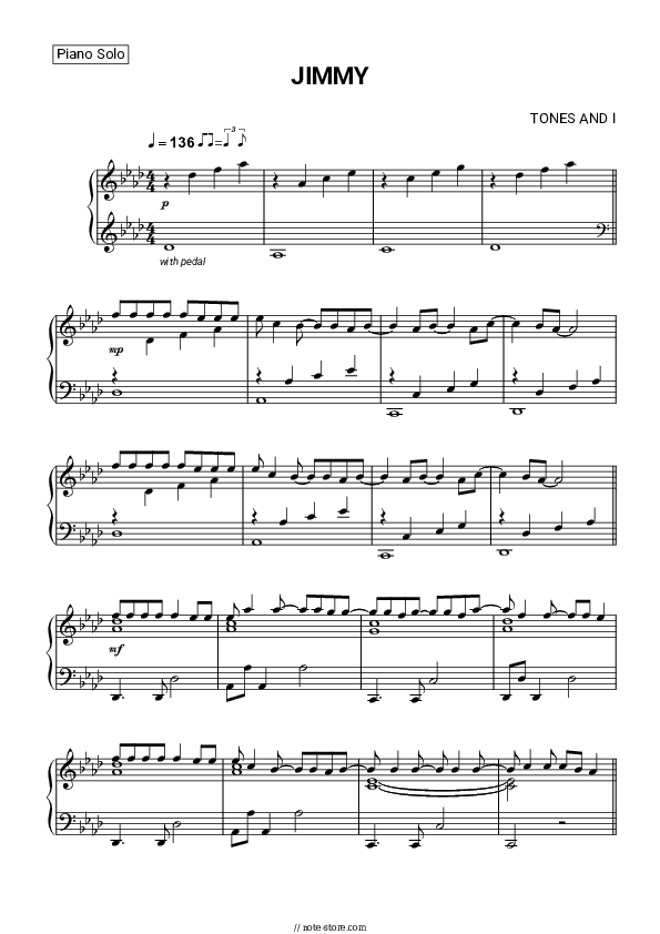 Jimmy - Tones and I Piano Sheet Music - Piano.Solo