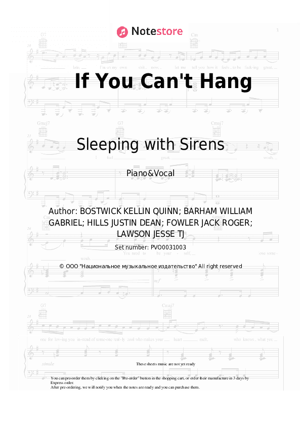 If You Can't Hang - Sleeping with Sirens Piano Sheet Music with the Voice part - Piano&Vocal