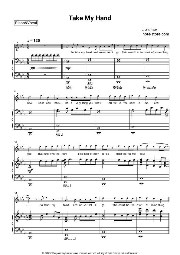 Take My Hand - Jerome Piano Sheet Music with the Voice part - Piano&Vocal