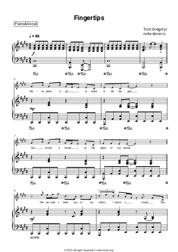 Fingertips - Tom Gregory Piano Sheet Music with the Voice part - Piano&Vocal