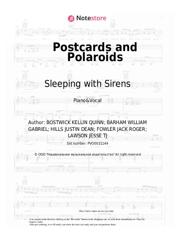 Postcards and Polaroids - Sleeping with Sirens Piano Sheet Music with the Voice part - Piano&Vocal