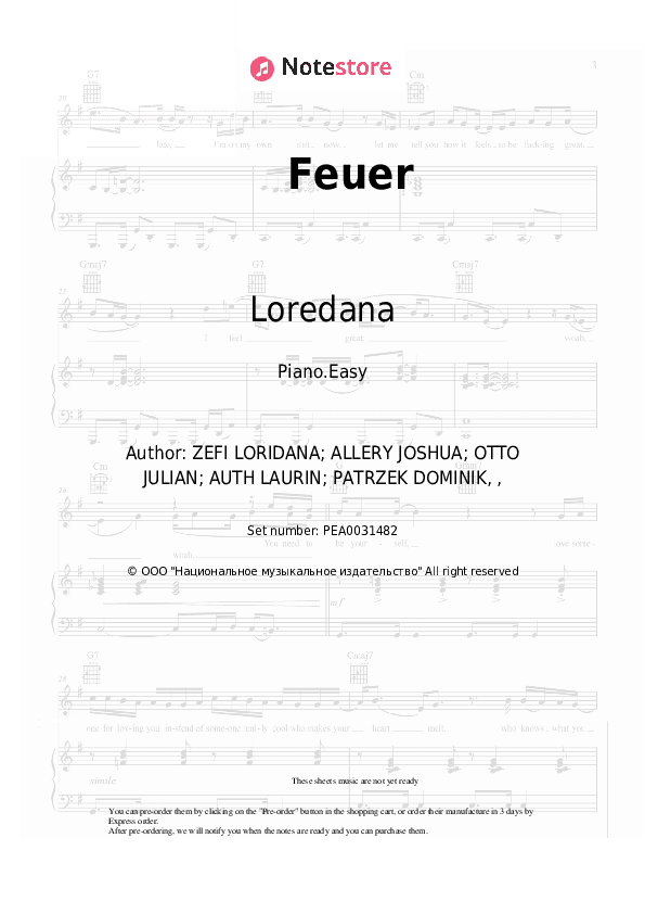 Feuer - Loredana, Getinjo Piano Sheet Music Easy - Piano.Easy
