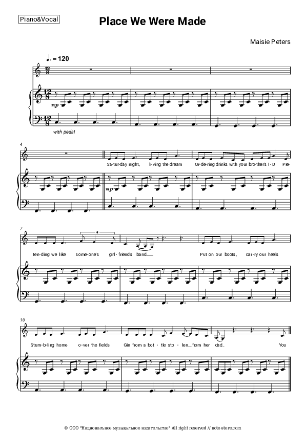 Place We Were Made - Maisie Peters Piano Sheet Music with the Voice part - Piano&Vocal