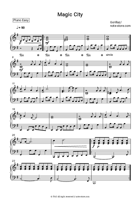 Magic City - Gorillaz Piano Sheet Music Easy - Piano.Easy