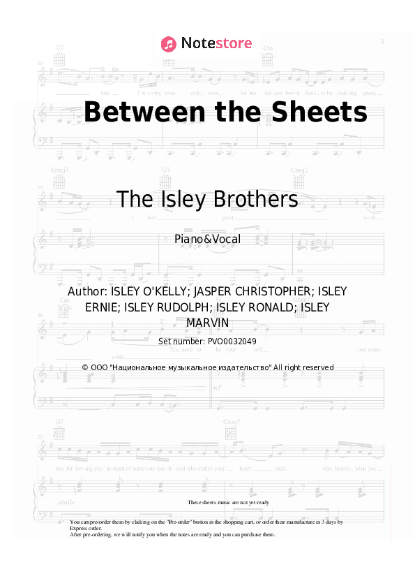 Between the Sheets - The Isley Brothers Piano Sheet Music with the Voice part - Piano&Vocal