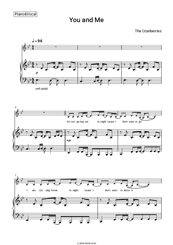 You and Me - The Cranberries Piano Sheet Music with the Voice part - Piano&Vocal