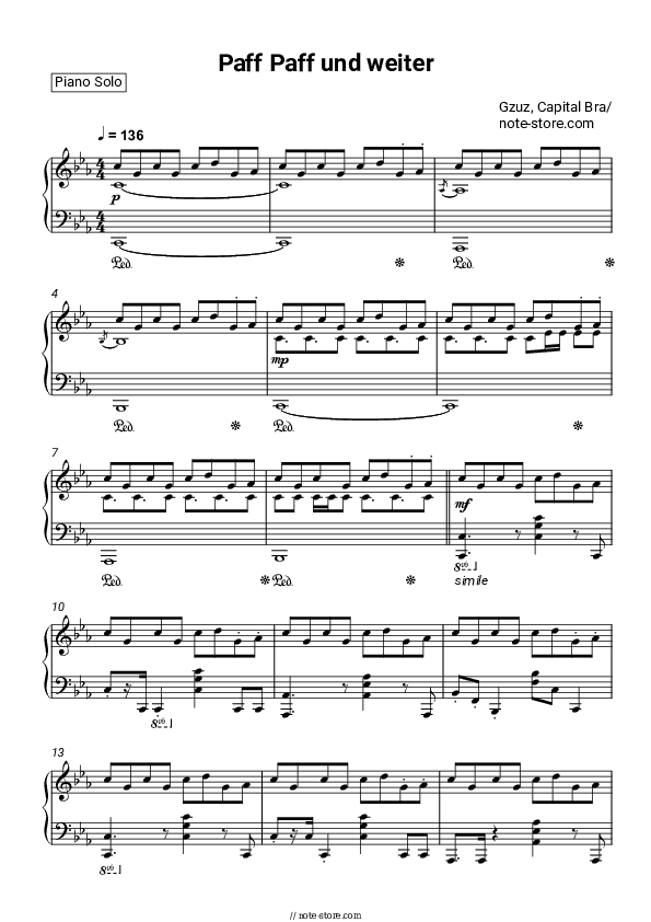 Paff Paff und weiter - Gzuz, Capital Bra Piano Sheet Music - Piano.Solo