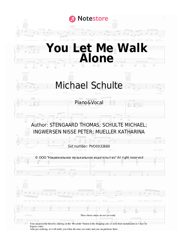 You Let Me Walk Alone - Michael Schulte Piano Sheet Music with the Voice part - Piano&Vocal