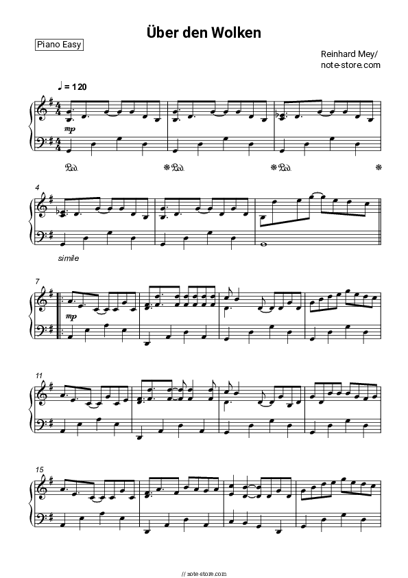 Uber den Wolken - Reinhard Mey Piano Sheet Music Easy - Piano.Easy