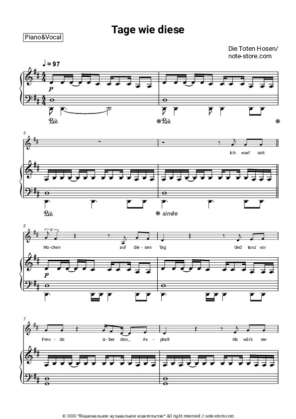 Tage wie diese - Die Toten Hosen Piano Sheet Music with the Voice part - Piano&Vocal