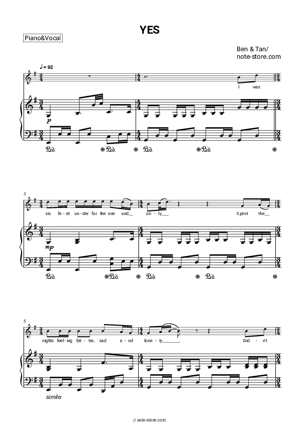 YES - Ben & Tan Piano Sheet Music with the Voice part - Piano&Vocal