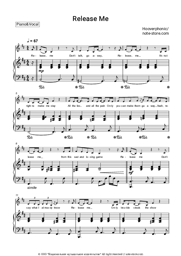 Release Me - Hooverphonic Piano Sheet Music with the Voice part - Piano&Vocal