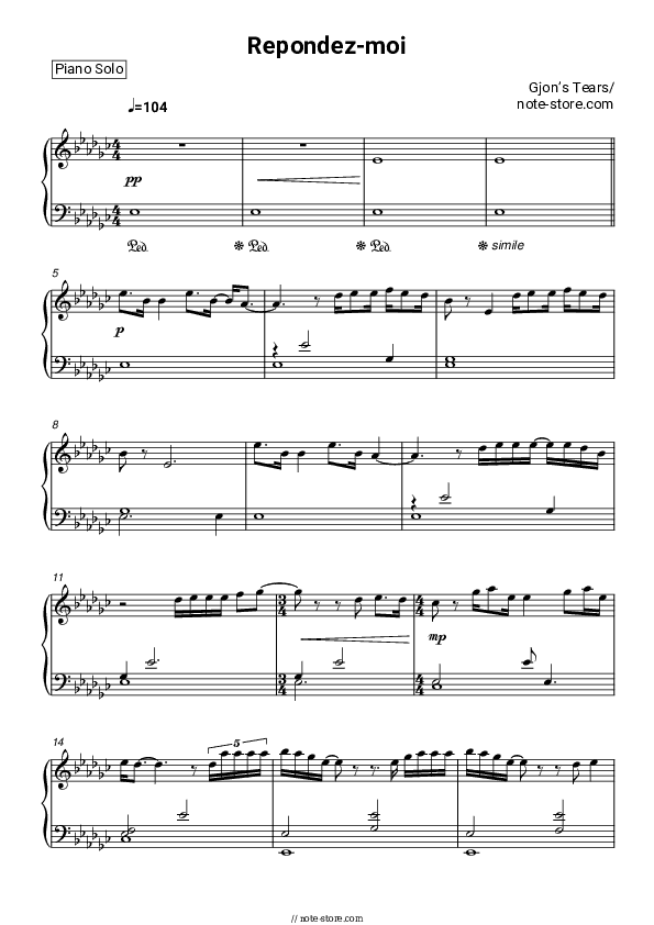 Repondez-moi - Gjon’s Tears Piano Sheet Music - Piano.Solo