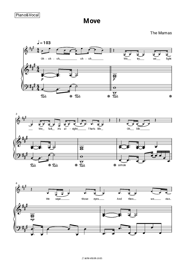 Move - The Mamas Piano Sheet Music with the Voice part - Piano&Vocal