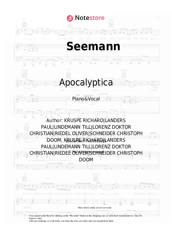 Seemann - Apocalyptica, Nina Hagen Piano Sheet Music with the Voice part - Piano&Vocal