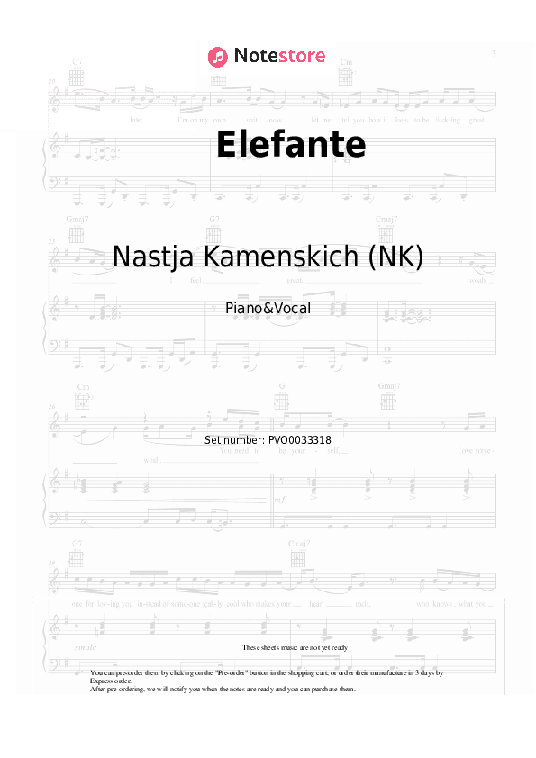 Elefante - Nastja Kamenskich (NK) Piano Sheet Music with the Voice part - Piano&Vocal
