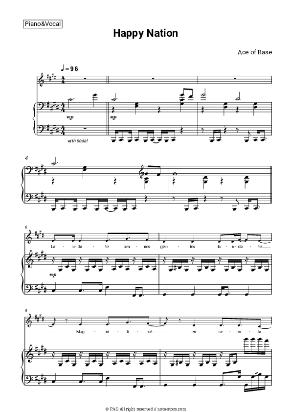 Happy Nation - Ace of Base Piano Sheet Music with the Voice part - Piano&Vocal