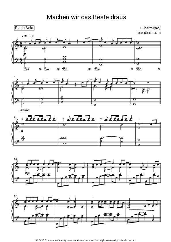 Machen wir das Beste draus - Silbermond Piano Sheet Music - Piano.Solo