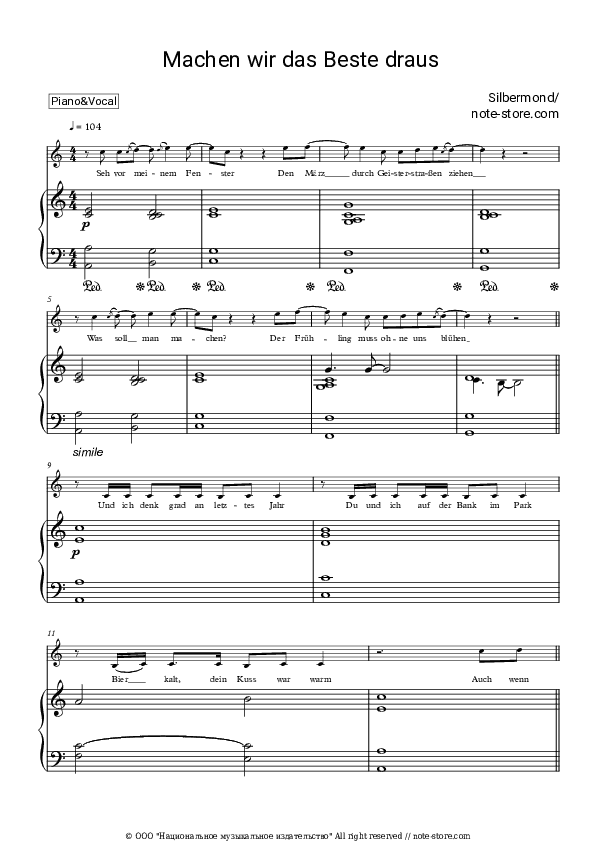 Machen wir das Beste draus - Silbermond Piano Sheet Music with the Voice part - Piano&Vocal