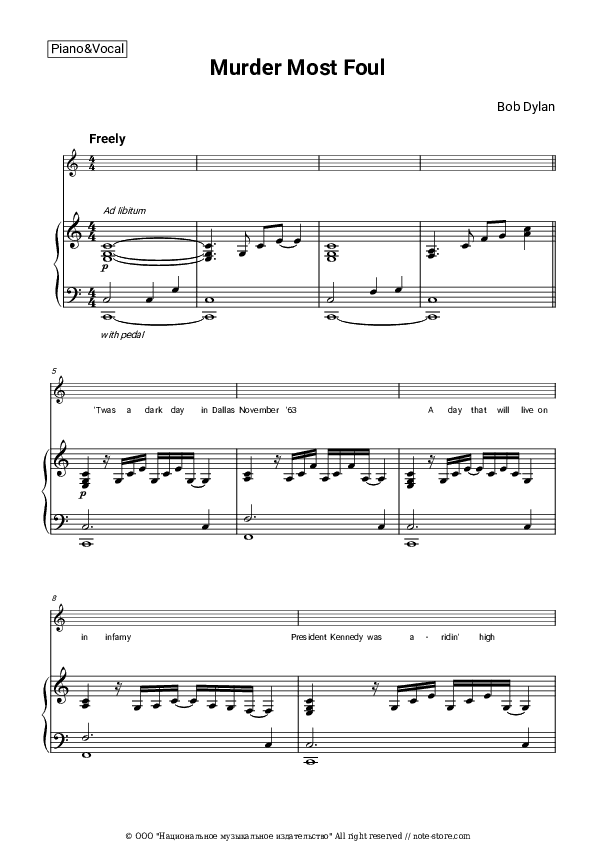 Murder Most Foul - Bob Dylan Piano Sheet Music with the Voice part - Piano&Vocal