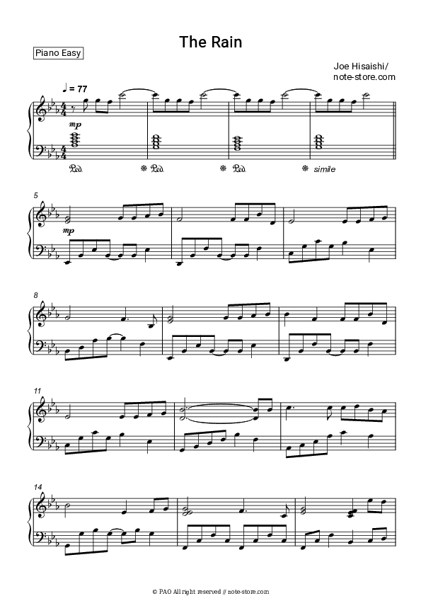 The Rain - Joe Hisaishi Piano Sheet Music Easy - Piano.Easy