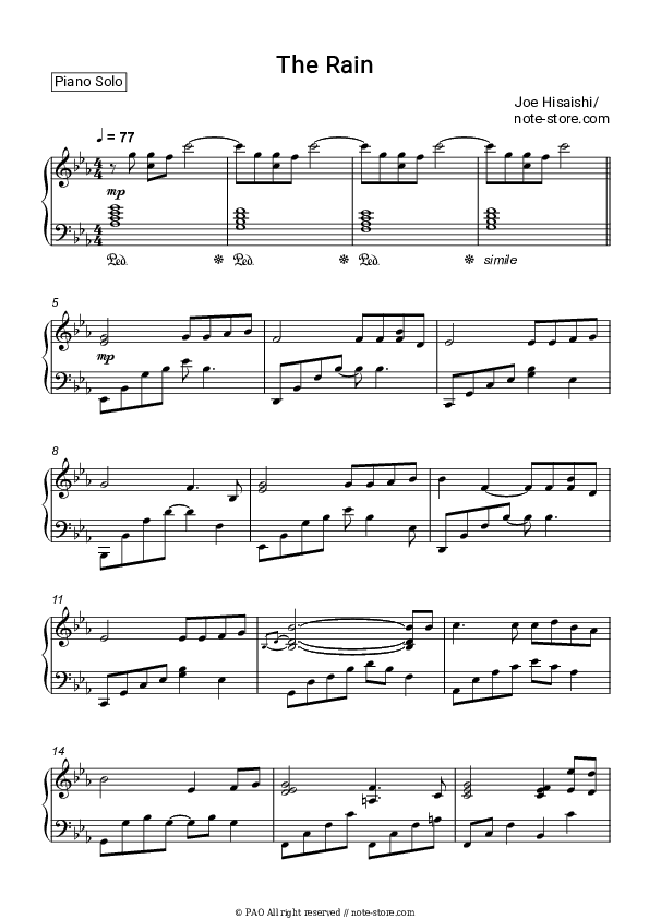 The Rain - Joe Hisaishi Piano Sheet Music - Piano.Solo