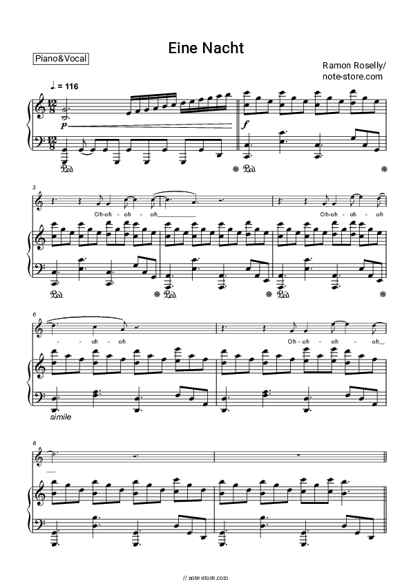 Eine Nacht - Ramon Roselly Piano Sheet Music with the Voice part - Piano&Vocal