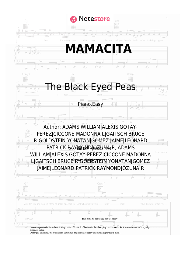 MAMACITA - The Black Eyed Peas, Ozuna, J. Rey Soul Piano Sheet Music Easy - Piano.Easy