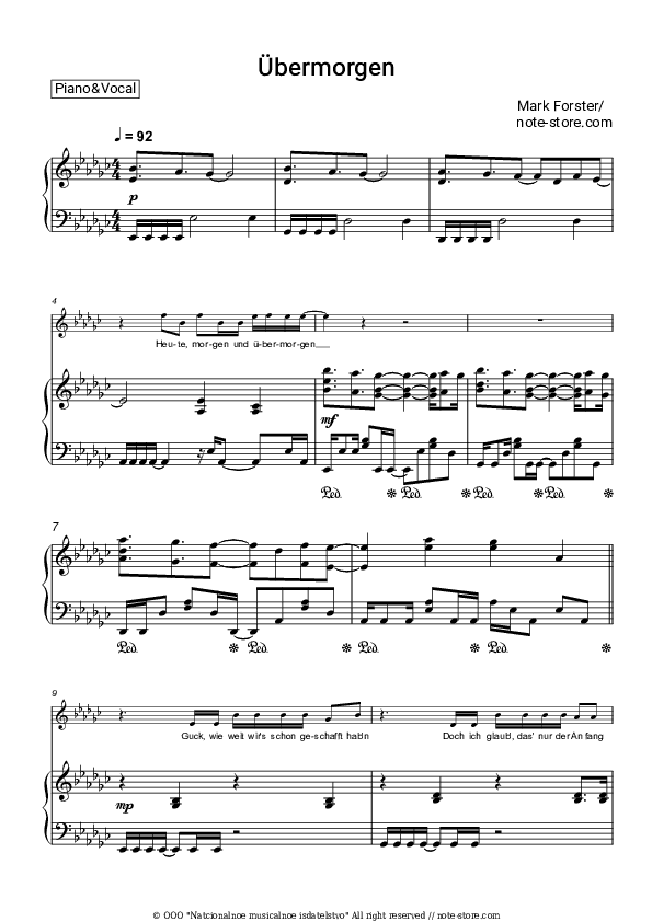 Übermorgen - Mark Forster Piano Sheet Music with the Voice part - Piano&Vocal