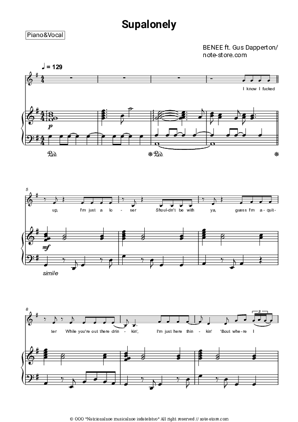 Supalonely - Benee, Gus Dapperton Piano Sheet Music with the Voice part - Piano&Vocal