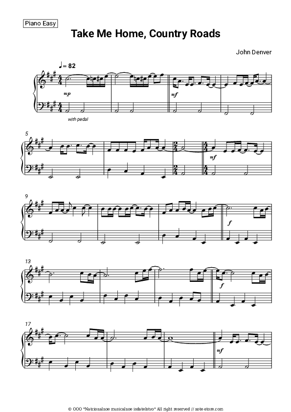 Take Me Home, Country Roads - John Denver Piano Sheet Music Easy - Piano.Easy