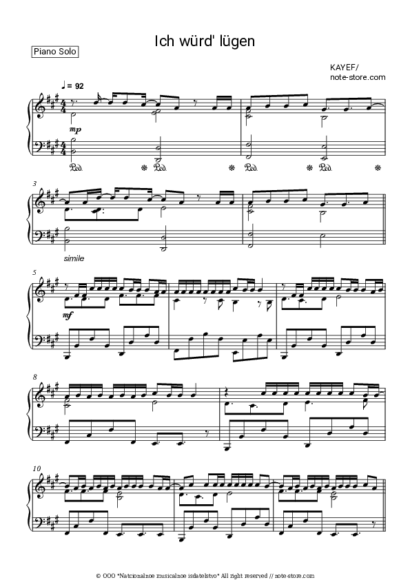 Ich würd' lügen - KAYEF Piano Sheet Music - Piano.Solo