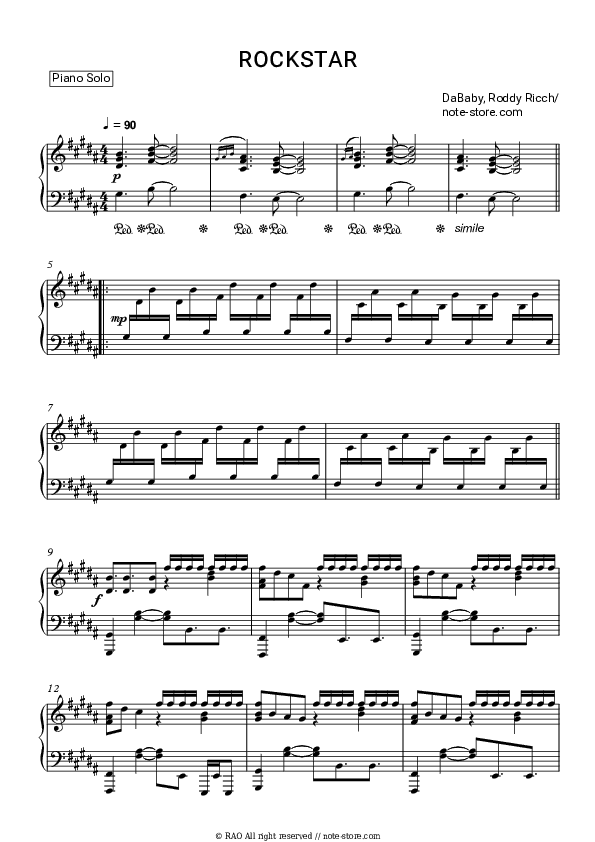 ROCKSTAR - DaBaby, Roddy Ricch Piano Sheet Music - Piano.Solo