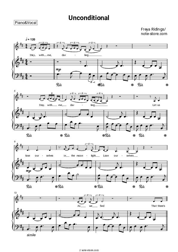 Unconditional - Freya Ridings Piano Sheet Music with the Voice part - Piano&Vocal