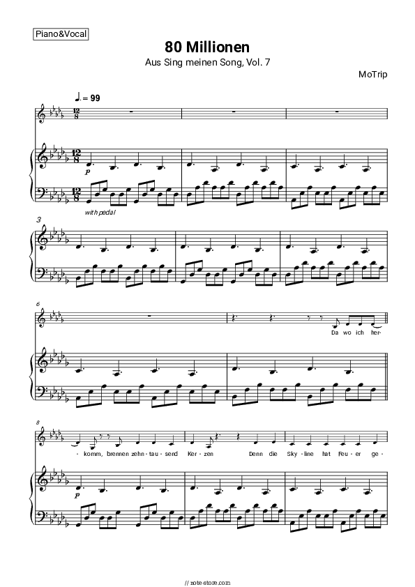 80 Millionen - MoTrip Piano Sheet Music with the Voice part - Piano&Vocal