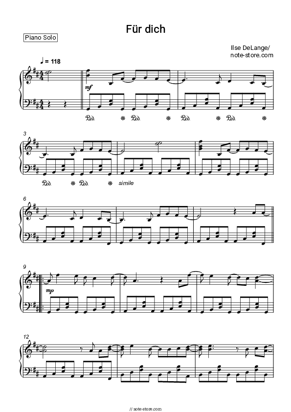 Für dich - Ilse DeLange Piano Sheet Music - Piano.Solo