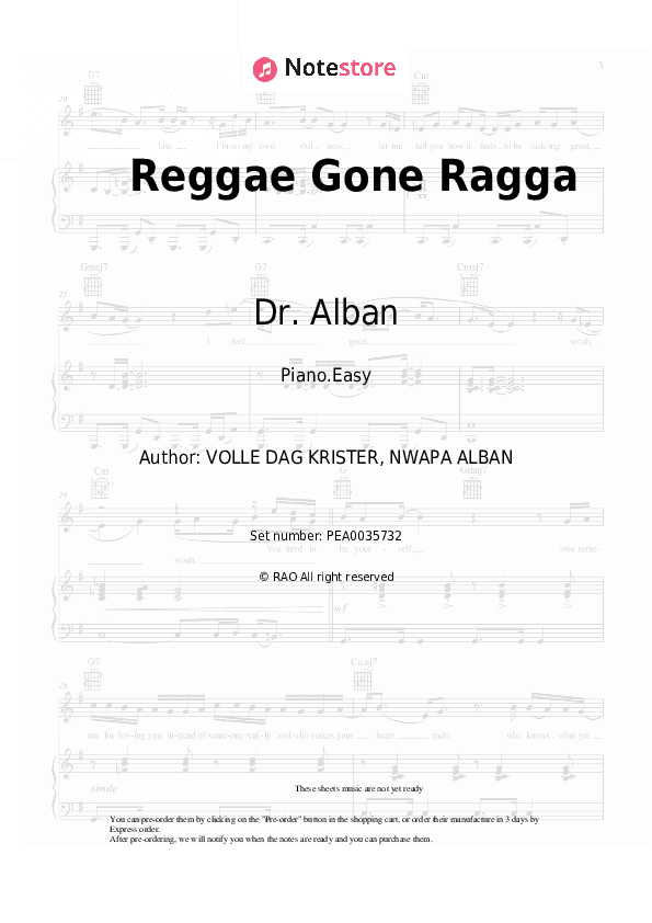 Reggae Gone Ragga - Dr. Alban Piano Sheet Music Easy - Piano.Easy