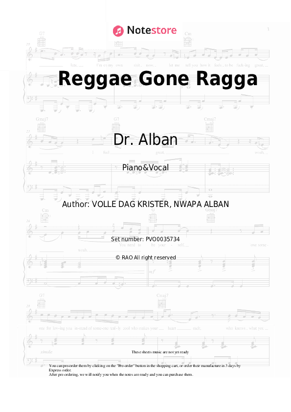 Reggae Gone Ragga - Dr. Alban Piano Sheet Music with the Voice part - Piano&Vocal