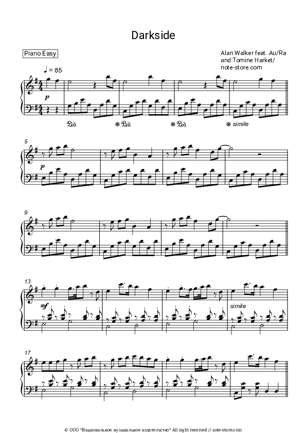 Darkside (feat. Au/Ra & Tomine Harket) - Alan Walker Piano Sheet Music Easy - Piano.Easy