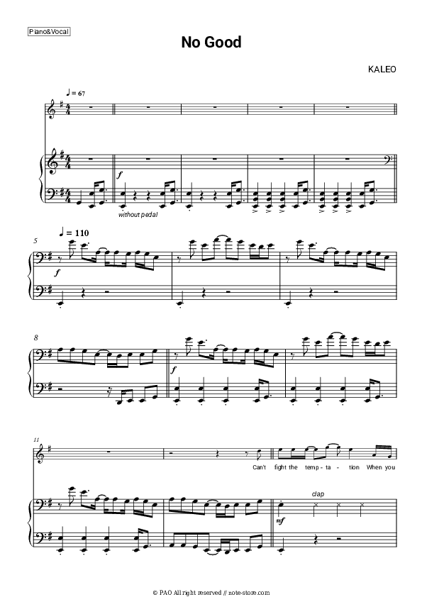 No Good - Kaleo Piano Sheet Music with the Voice part - Piano&Vocal